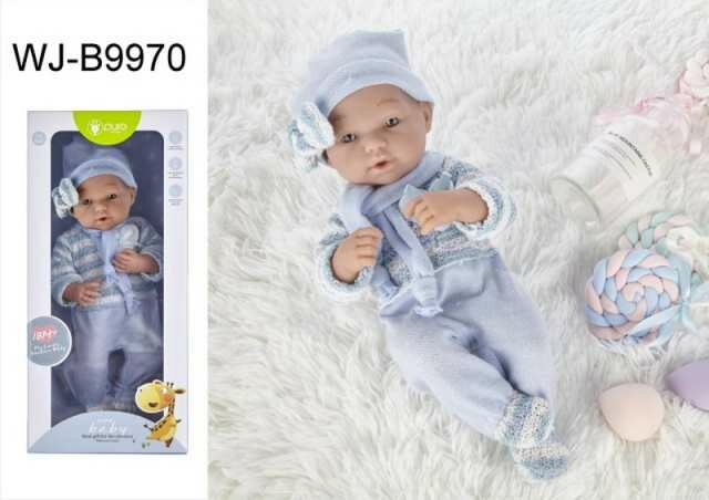 Пупс JUNFA Pure Baby 35см в голубом комбинезоне, шапочке с шарфом, в коробке, с аксессуарами